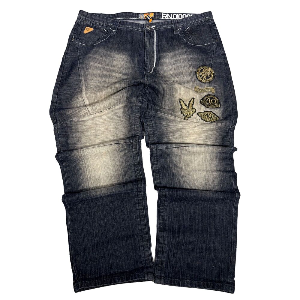 Akademiks Men's Jeans Size 42x32 Baggy Hip Hop Y2K Patches Wide Leg Grunge Y2K